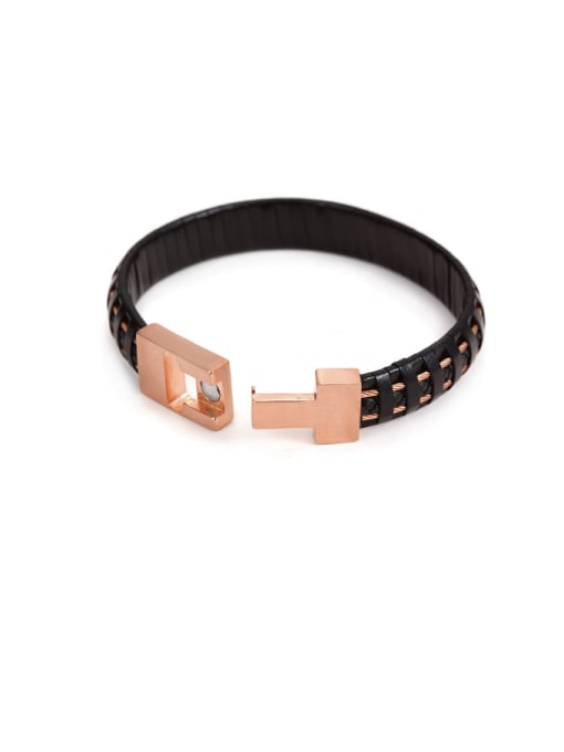 Rose Gold Men Personality Titanium Stainless Steel Leather Bracelet