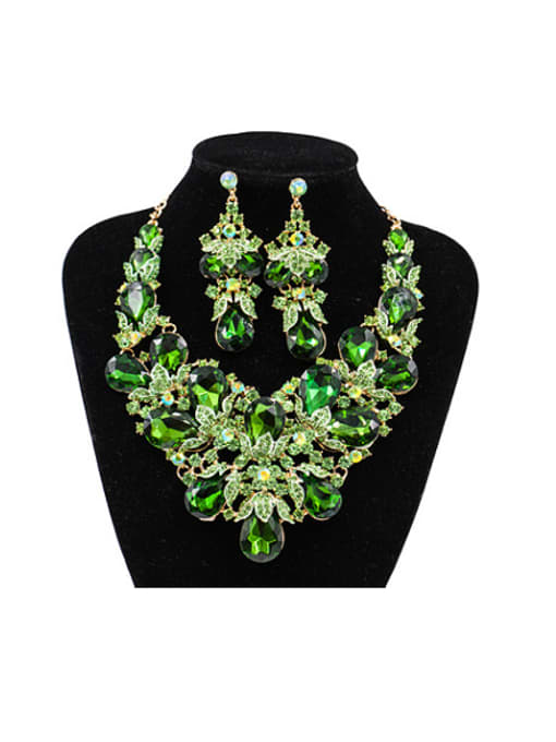 Green Water Drop Glass and Rhinestones Two Pieces Jewelry Set