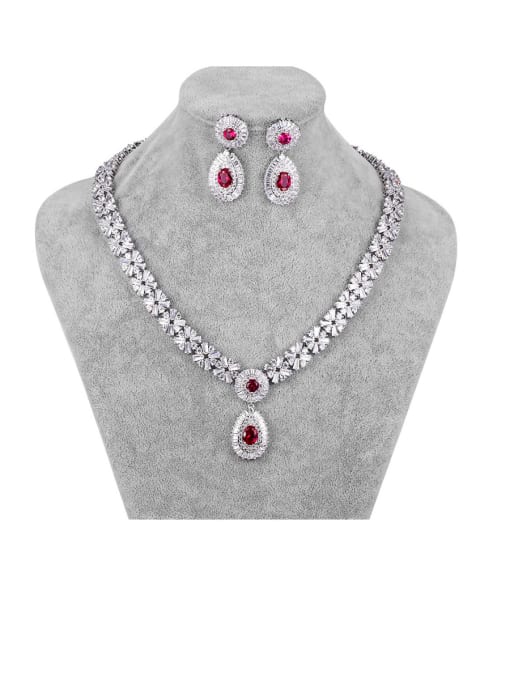 Platinum red drill Copper With Platinum Plated Fashion Water Drop  Earrings And Necklaces 2 Piece Jewelry Set