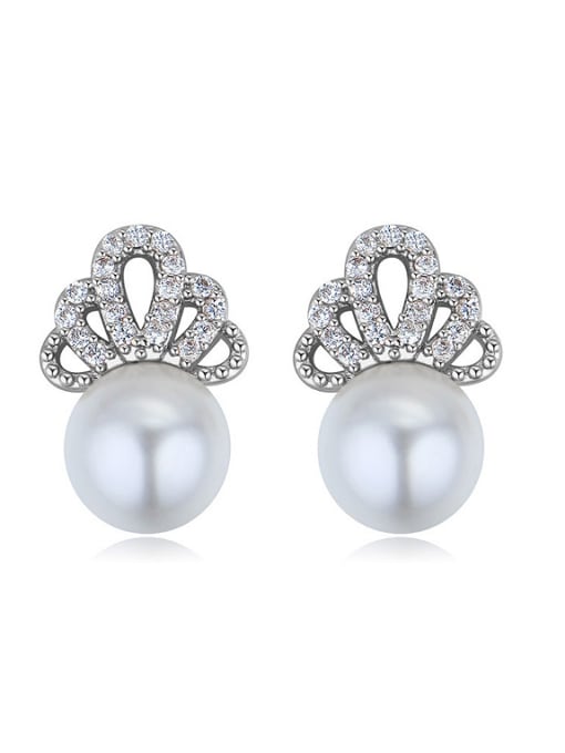 platinum Fashion White Imitation Pearls Shiny Crystals-covered Stud Earrings