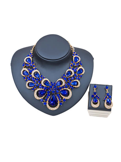 Blue Water Drop Glass Rhinestones Statement Two Pieces Jewelry Set