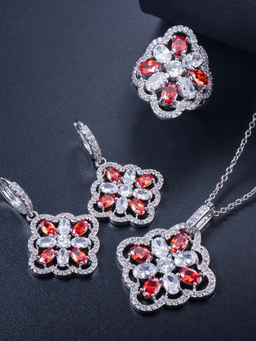 Red Ring 8 Yards. Copper inlaid AAA zircon colored earrings necklace ring 3 pieces jewelry set
