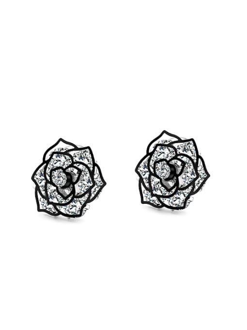 platinum Retro style Hollow Black Rosary Flower Stud Earrings