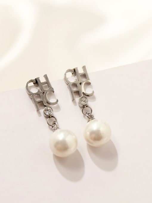 platinum Titanium With  Artificial Pearl Personality Monogrammed Drop Earrings