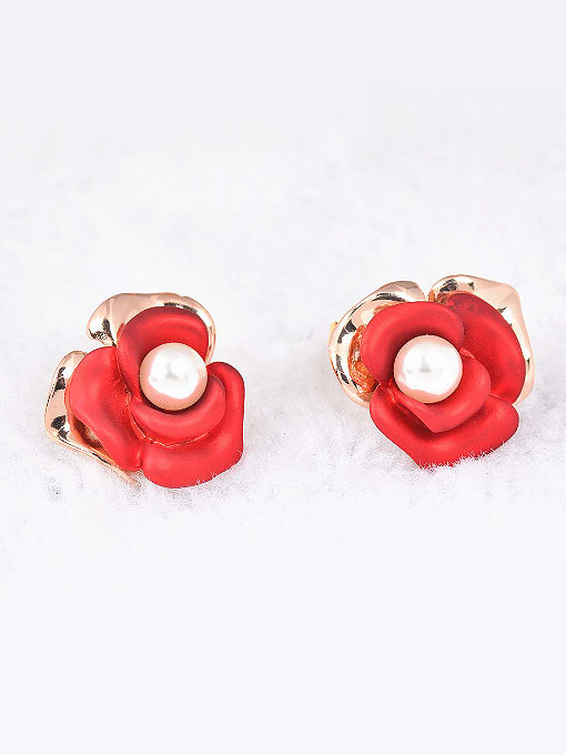Wei Jia Rose Gold Plated White Artificial Pearl Red Flower Stud Earrings