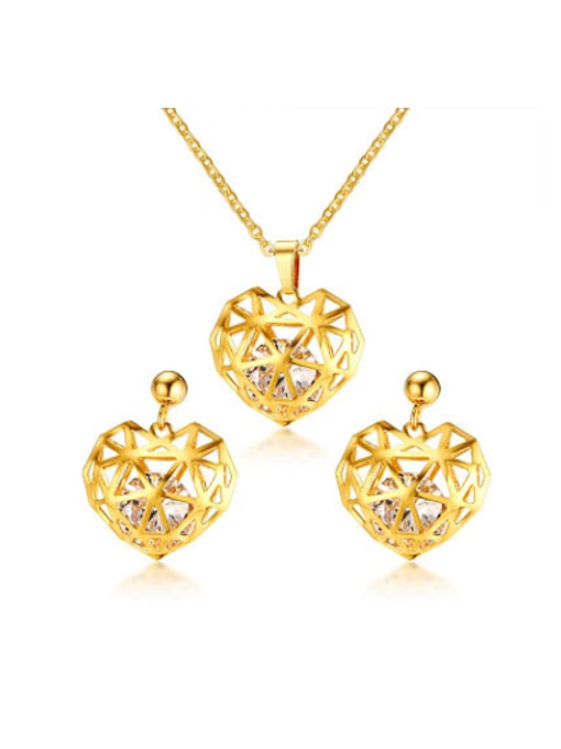 CONG Luxury Gold Plated Hollow Heart Zircon Two Pieces Jewelry Set 0