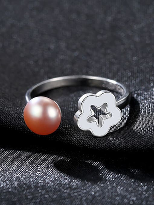 Purple 925 Sterling Silver With Artificial Pearl Simplistic Flower Free Size  Rings