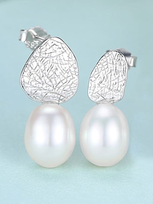 Platinum -04G10 925 Sterling Silver With Artificial Pearl  Simplistic Geometric Drop Earrings