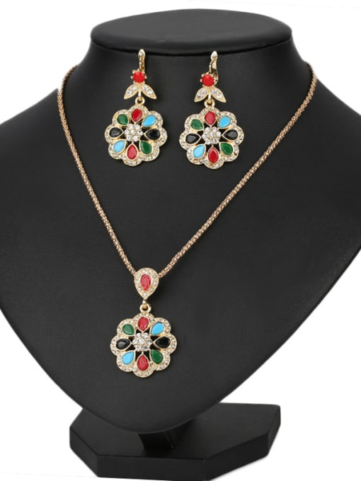 Gujin Retro Noble style Colorful Resin stones White Crystals Alloy Two Pieces Jewelry Set 2
