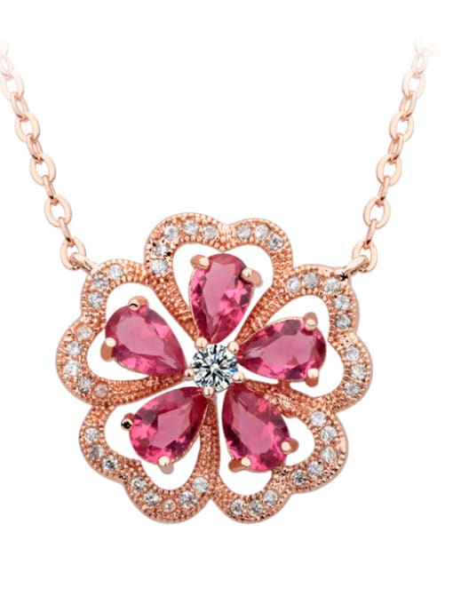 BLING SU Copper inlay AAA zircon red corundum delicate flower necklace 0