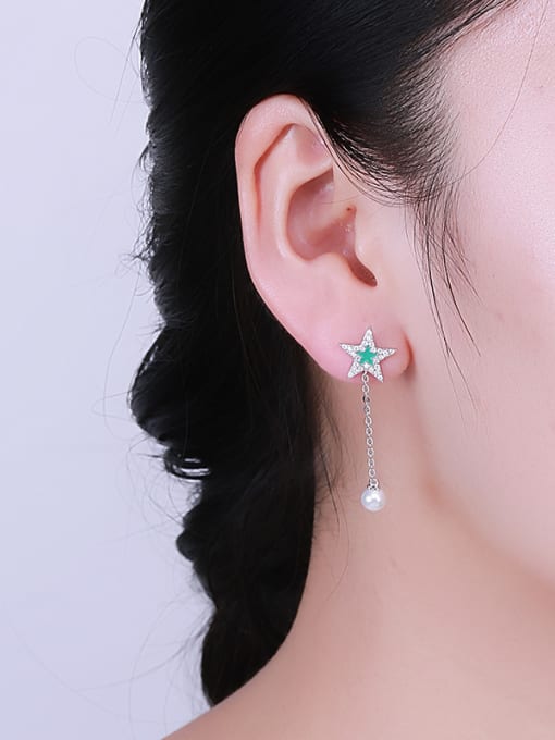 One Silver Green Star Shaped Shell Pearl Drop Earrings 1