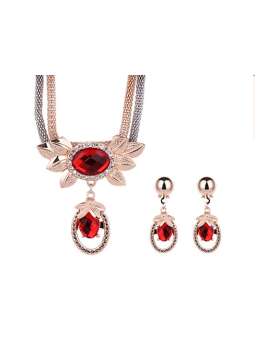 red Alloy Imitation-gold Plated Fashion Artificial Stones Oval-shaped Two Pieces Jewelry Set
