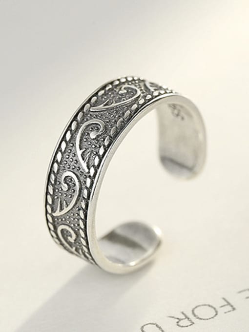 Black Sterling silver retro thai silver carved flower opening ring