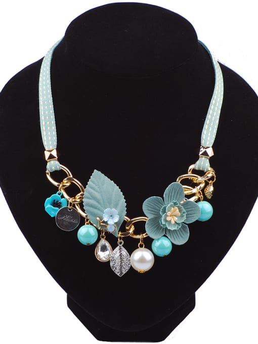 Blue Exquisite Elegant Cloth Flower Resin Beads Alloy Necklace