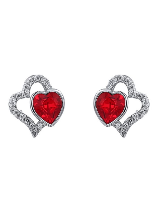 Red Copper Alloy White Gold Plated Fashion Heart Crystal stud Earring