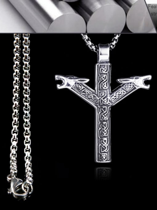 BSL Stainless Steel With Antique Silver Plated Trendy Cross  head of a wolf Necklaces 2