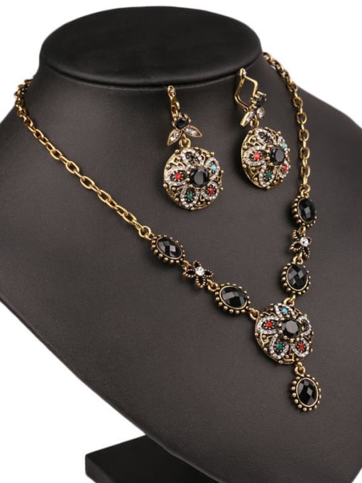 Gujin Bohemia style Black Resin stones Alloy Flowery Two Pieces Jewelry Set 1