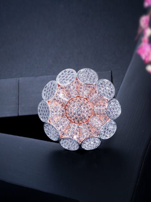 US 9# Copper With Cubic Zirconia Luxury Flower Statement Rings