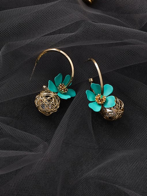 B Blue Alloy With  Acrylic Cute Hollow  Round Flower Hoop Earrings