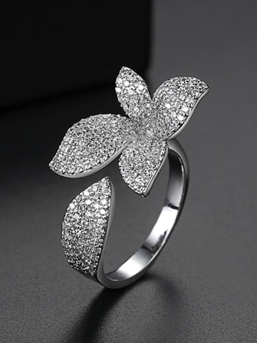 Platinum Copper With Cubic Zirconia Delicate Flower  Free Size Rings