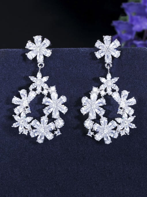 white Copper With Platinum Plated Luxury Flower Chandelier Earrings