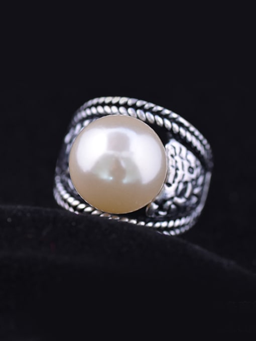 Wei Jia Retro style Artificial Pearl Antique Silver Plated Ring 0