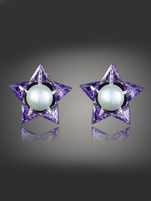 Blue Simple Triangle Zirconias Artificial Pearl Star Stud Earrings
