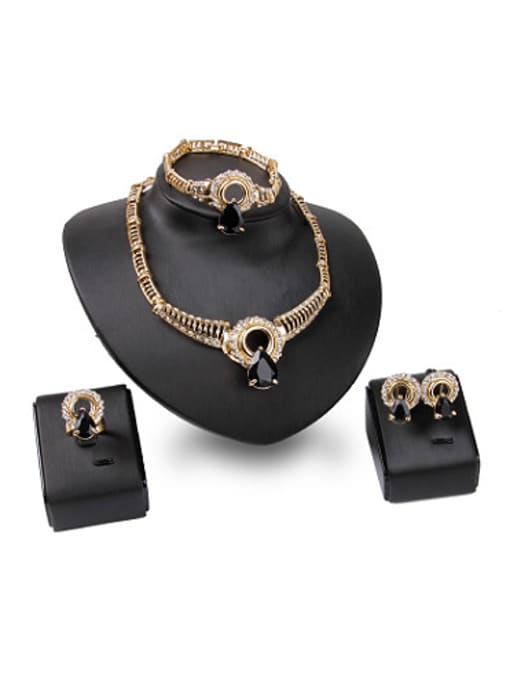 Black 2018 Alloy Imitation-gold Plated Fashion Water Drop shaped Artificial Stones Four Pieces Jewelry Set