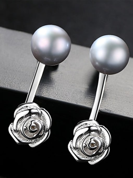 Grey Pure silver 7-7.5mm natural freshwater pearl flower studs