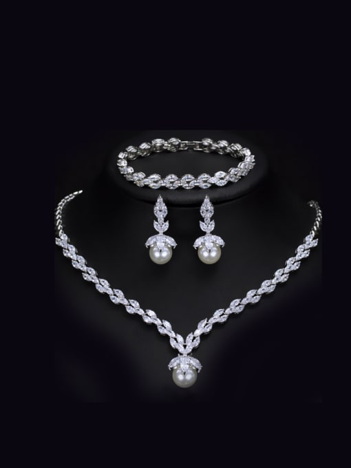 L.WIN Shining Zircons Shell Pearls Three Pieces Jewelry Set 0