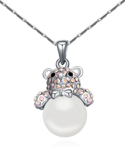 White Fashion Tiny Crystals-covered Bear Imitation Pearl Alloy Necklace