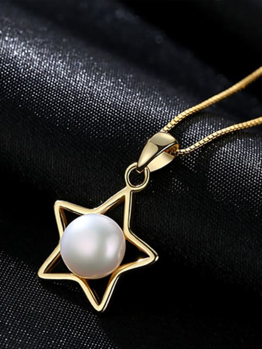 18K-Gold Sterling Silver Pentagram Jewelry 7- 7.5mm Natural Pearl Necklace