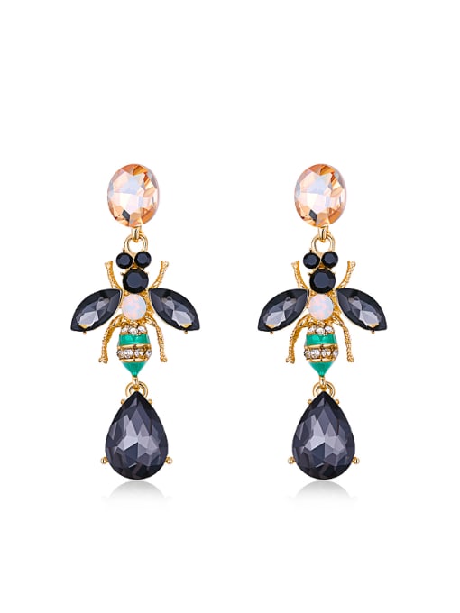 Gold Personalized Honeybee Black Rhinestones Stud Earrings