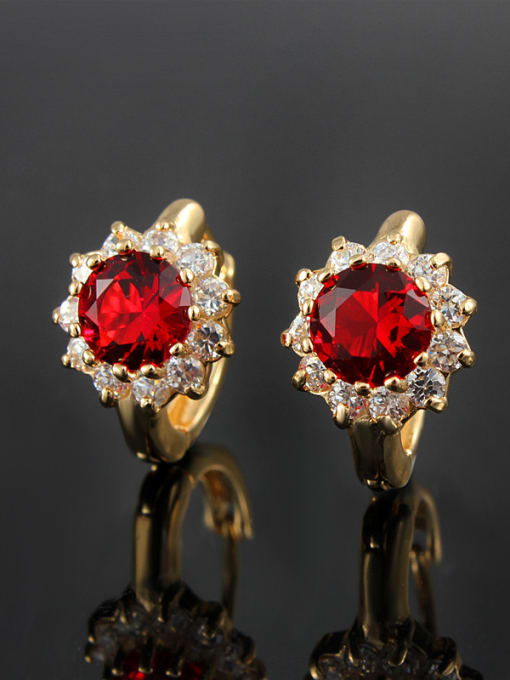 SANTIAGO Noble Red 18K Gold Plated Flower Shaped Zircon Clip Earrings 1