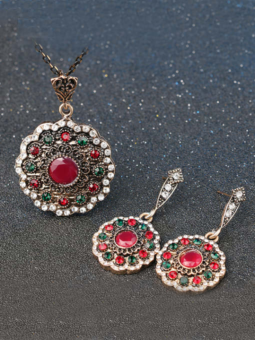 Gujin Retro style Red Resin stones White Crystals Flowery Two Pieces Jewelry Set 1