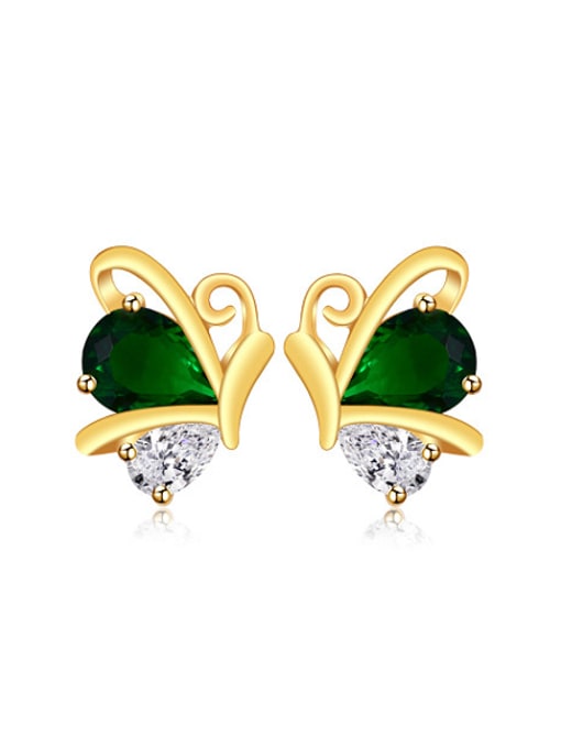 green Copper Alloy 24K Gold Plated Ethnic style Butterfly Zircon Stud clip on earring