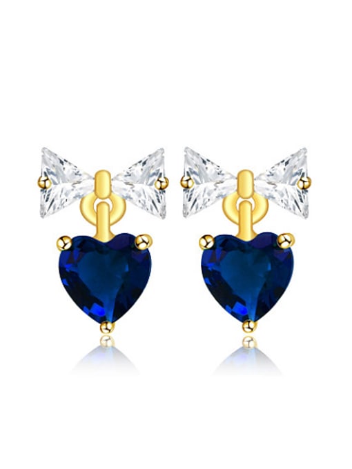 Blue Copper Alloy 23K Gold Plated Simple style Heart-shaped and Bow Zircon stud Earring