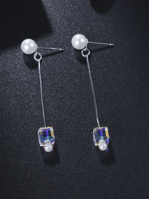 One Silver Charming Square Shaped Zircon Pearl Drop Earrings 2
