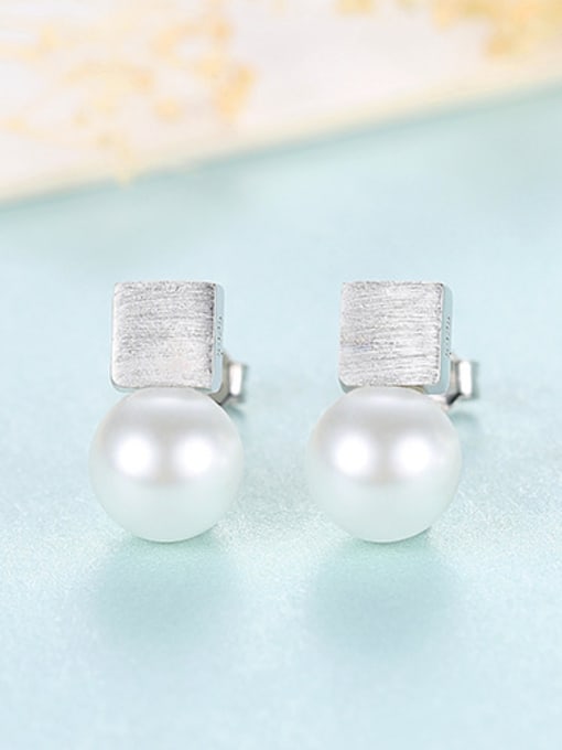 Silver 925 Sterling Silver With Artificial Pearl Simplistic Square Stud Earrings