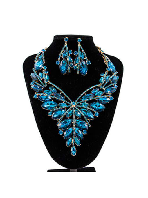 Blue 2018 Exaggerated Oval Glass Rhinestones Two Pieces Jewelry Set