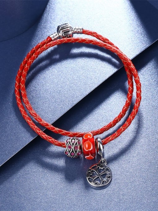 Red Red leaf Shaped Rhinestones Leather Bracelet