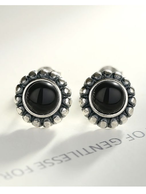 Black 925 Sterling Silver With Turquoise Vintage Round Stud Earrings