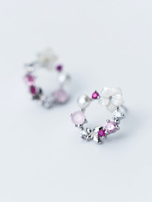 Rosh Trendy Flower Shaped S925 Silver Artificial Pearl Stud Earrings