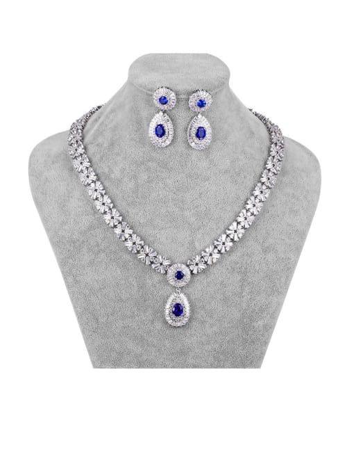 Platinum blue Copper With Platinum Plated Fashion Water Drop  Earrings And Necklaces 2 Piece Jewelry Set