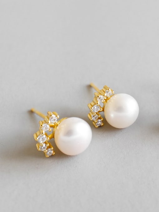 Gold Sterling silver micro-encrusted freshwater pearl crown stud earrings