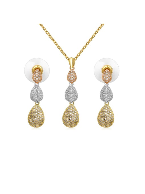 3-color mixing Copper With Cubic Zirconia  Delicate Water Drop Earrings And Necklaces 2 Piece Jewelry Set