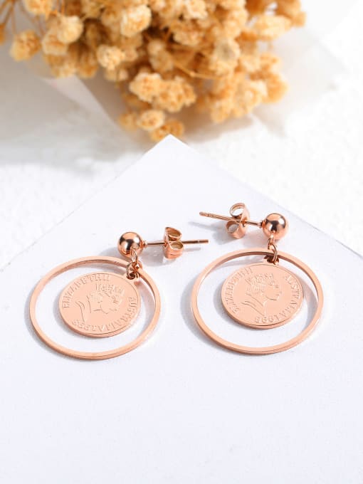 Open Sky Stainless Steel With Rose Gold Plated Exaggerated Round with queen Drop Earrings 1