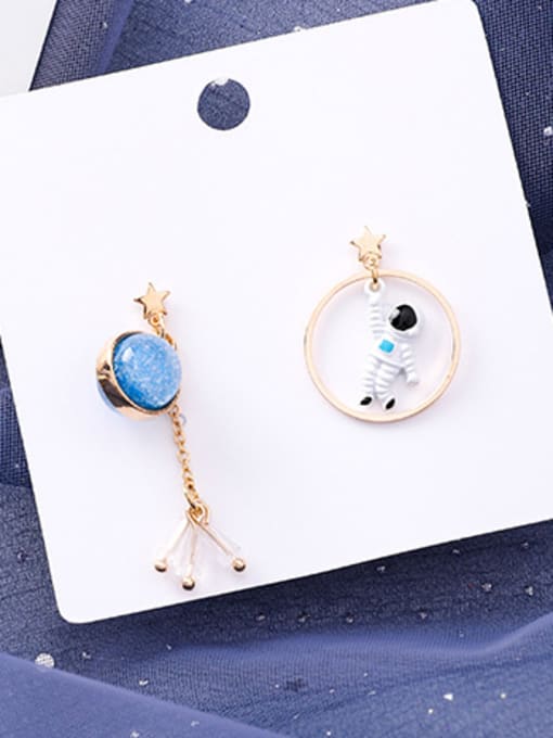 Girlhood Alloy With Rose Gold Plated Cute Astronaut Asymmetry Planet Moon Drop Earrings 2