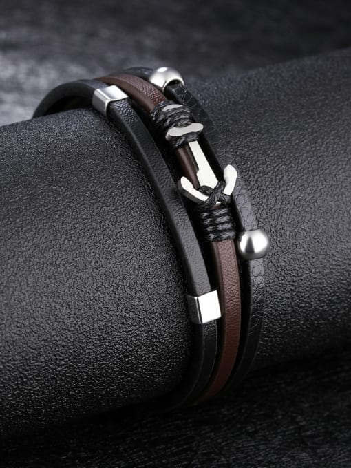 Open Sky Fashion Black Artificial Leather Ship Anchor Bracelet 2