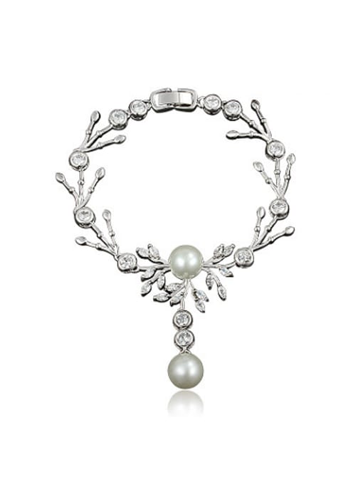 White Gold Women Elegant 18K Gold Plated Artificial Pearl Leaf Bracelet